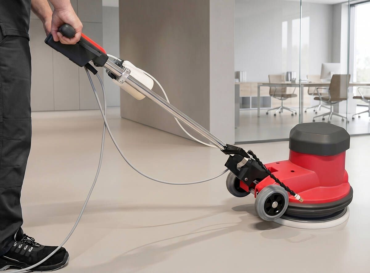 Cleanfix Power Disc HS Einscheibenmaschine mit Sprühgerät im Einsatz