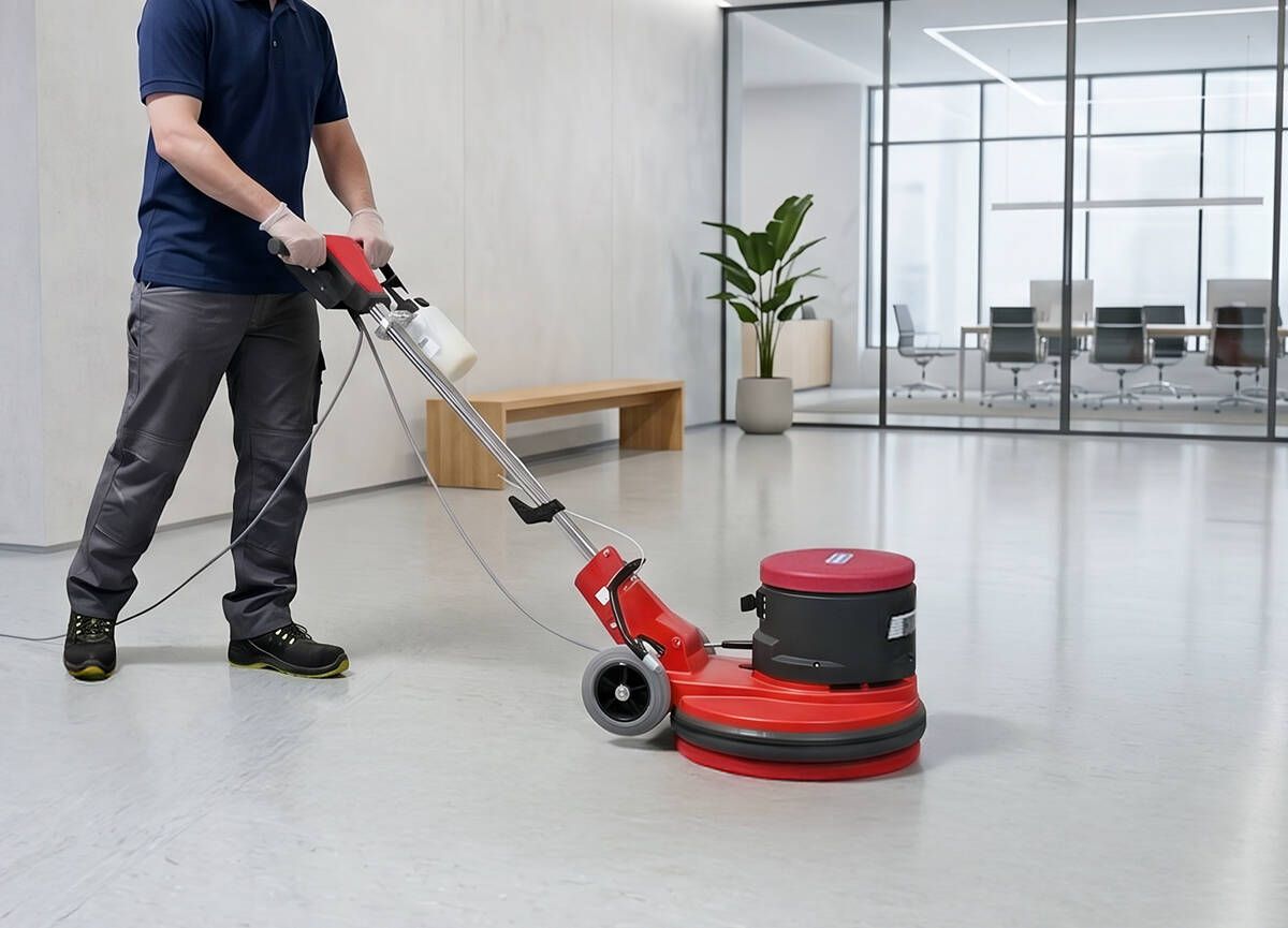 Cleanfix DUO-Speed Einscheibenmaschine im Einsatz im Büro